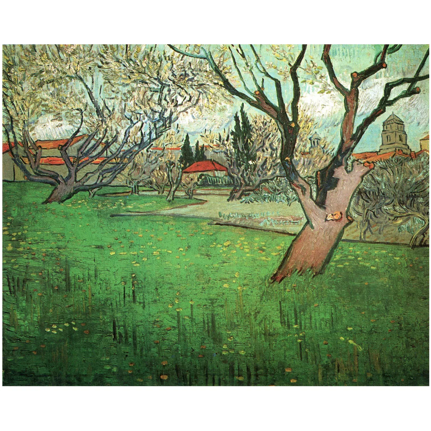 Hand painted High quality reproduction of View of Arles with Trees in Blossom by Van Gogh Landscape oil painting home decor