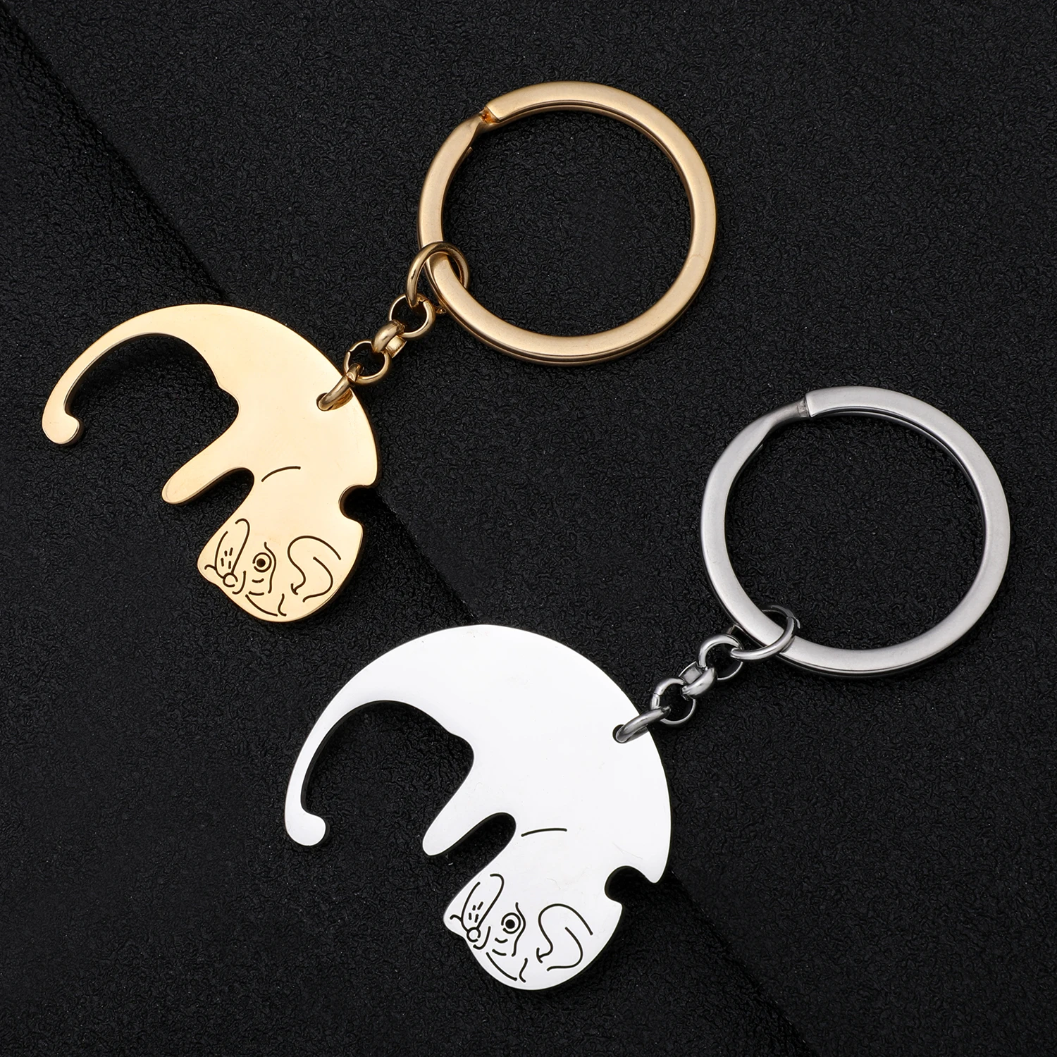 Bonsny Stainless Steel 2PCS Gold Silver-plated Cute Pug Dog Keychains Animals Pet Bag Charm Key Chains Lovers Keyring Decoration