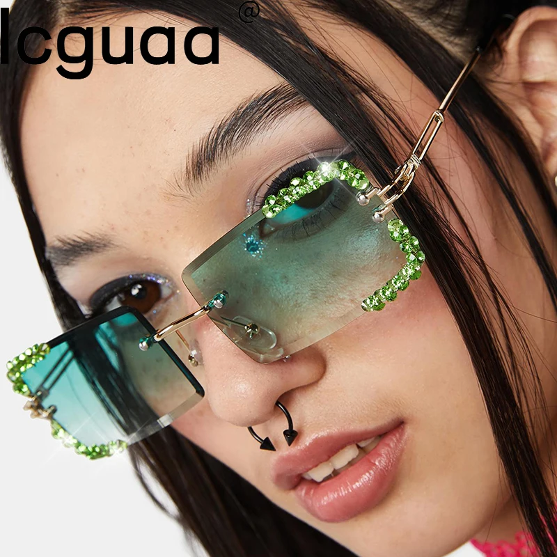 Gafas De Sol cuadradas sin montura para mujer, anteojos De Sol femeninos De estilo Vintage De lujo con diamantes, a la moda, 2022