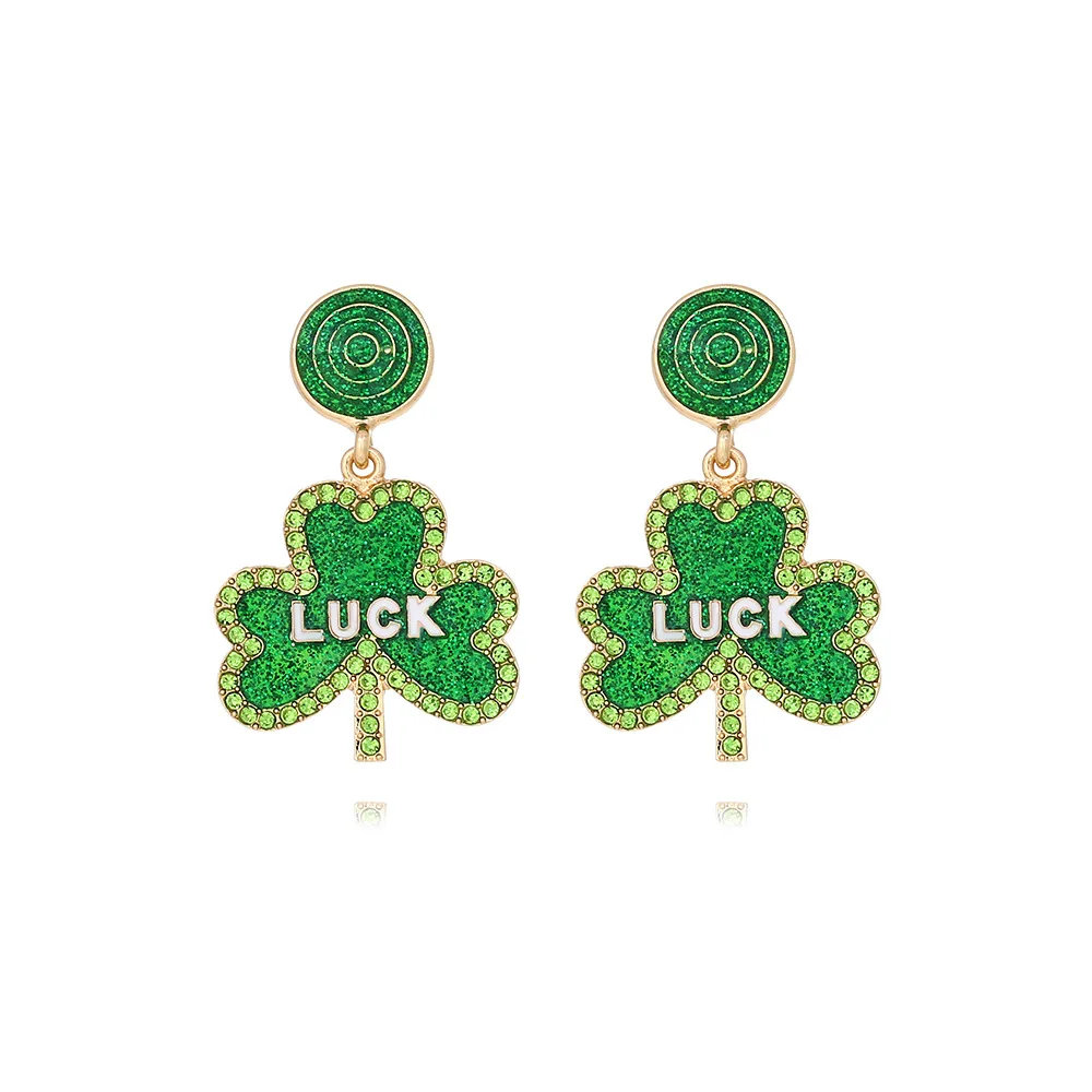 St. Patrick's Letter Clover Earrings Alloy Drop Oil Diamond Irish Green Carnival LUCK Earrings