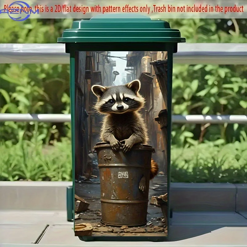 2D Flat Printing1pc Trash Can Sticker 37×82cm Cute RaccoonTheme Wallpaper Self-Adhesive Suitable for Garbage Bins, Walls,Home