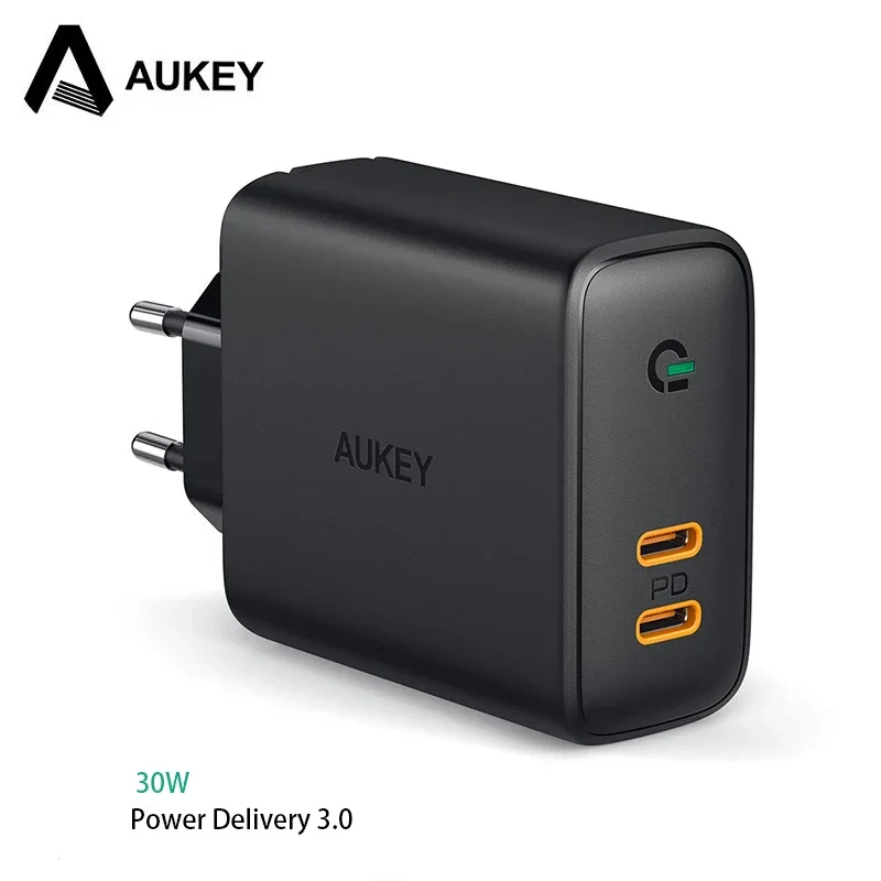 Original AUKEY PA-D2 36W 2 USB Type C Output Port Fast Charger Quick Charging Station US EU Plug Wall Charger for Phone Macbook