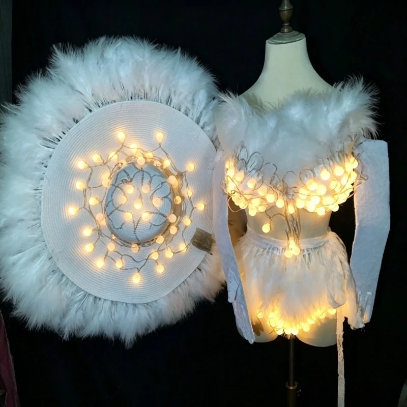 LED White Feather Bikini Performance Outfit Nightclub Bar Female Singer Party Nightclub Costume Halloween Christmas Suit