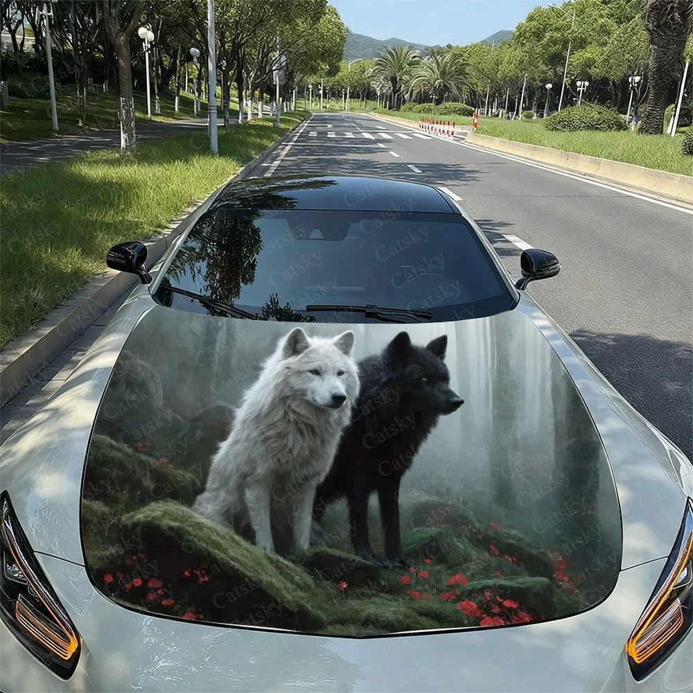 

Wolf duo design on car hood, featuring a white and black wolf in a misty forest scene. Perfect for nature lovers. Fits most vehi