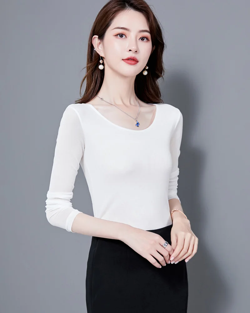 Autumn Spring  Tshirts Women Round Collar Mesh T Shirt Female Long Sleeve Stretchy Slim Tees