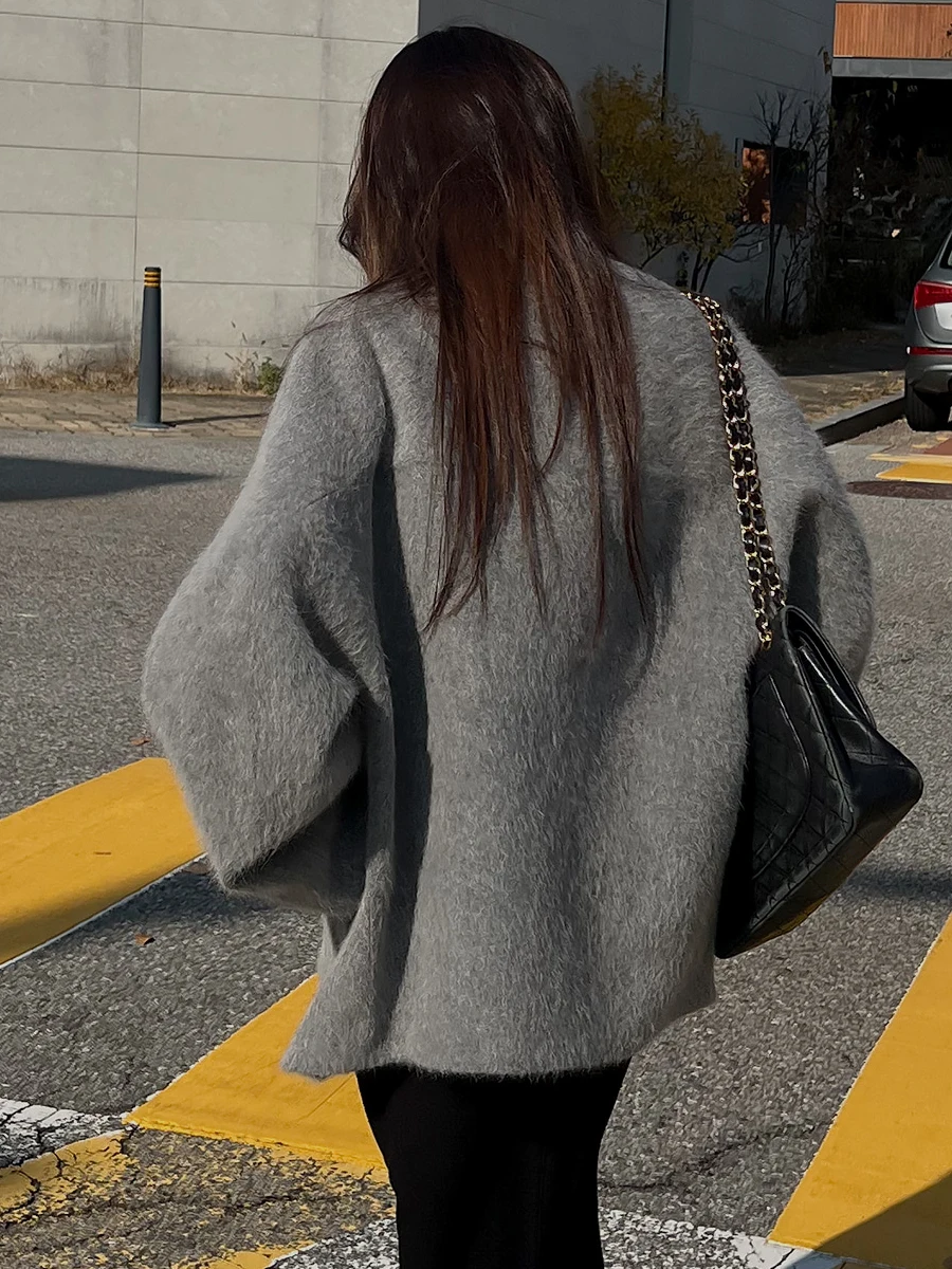 Casaco de lã retrô Briti Sle Thiened feminino solto lapela trespassado Faionable e Sli