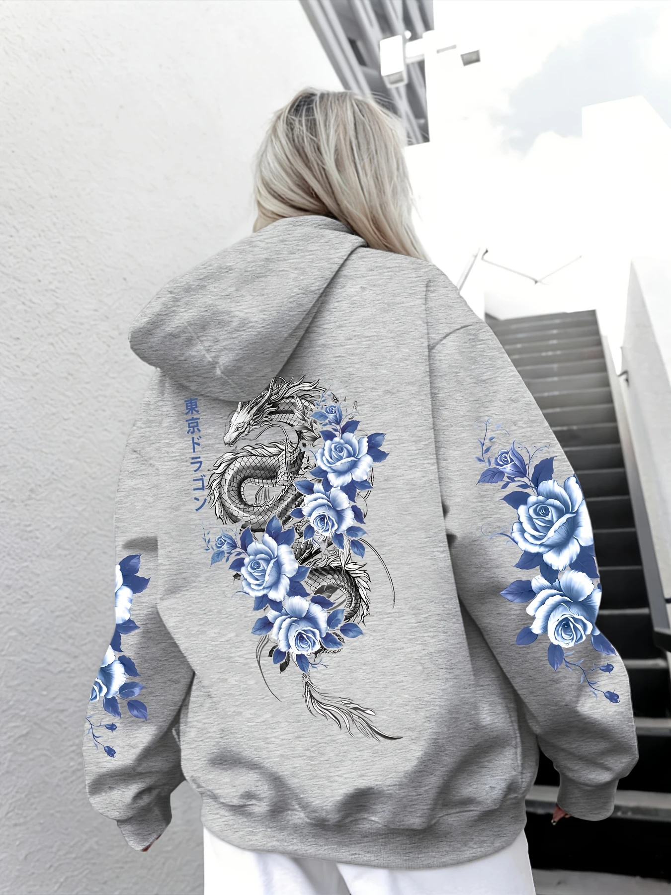 Japanische Tokyo Blue Rose Dragon bedruckte Damen-Hoodies, lockerer Pullover mit Tasche, Herbst-Fleece-Hoodie, Y2K Koreanischer Jogging-Streetwear – Detail 13