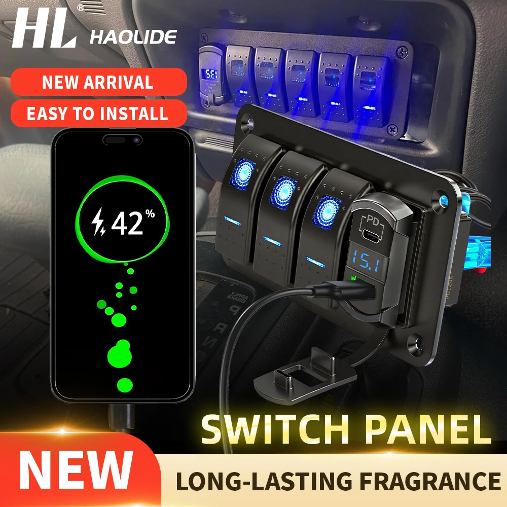 

HAOLIDE 3 4 5 6 Gang Dual LED Marine Boat Rocker Switch Panel for Truck Boat Car Switch Panel Lighter Socket off-road use 12V