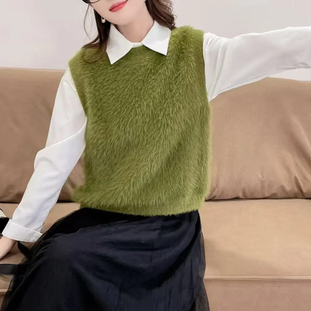 

Women's Wide Knitted Vest Korean Style Loose Solid Color Sleeveless round Neck Sweater Top Autumn Collection