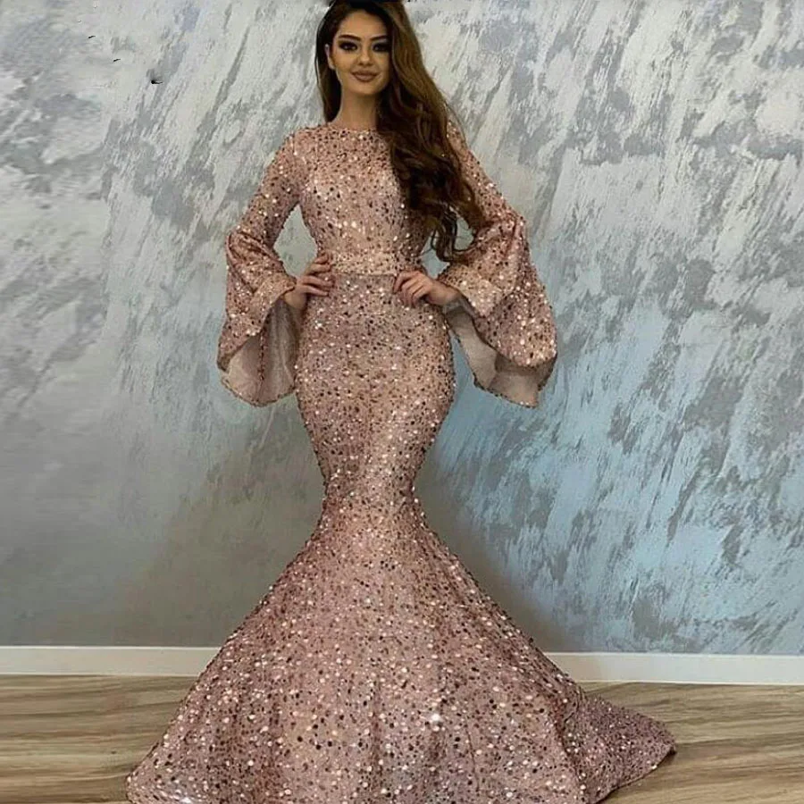 

2023 New Sequins Mermaid Prom Dresses Flare Sleeves Ruched Custom Elegant Bling Long Evening Formal Party Gown Vestidos Longo