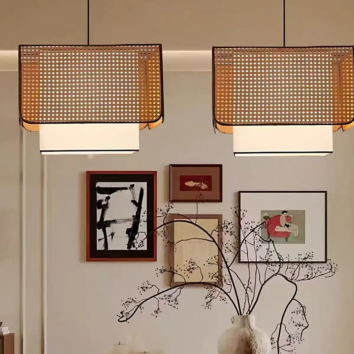 

New Chinese Vintage Wicker Rattan Bamboo Block LED Pendant Lights Art Creative Lamps for Living Room Home Decoration Chandeliers