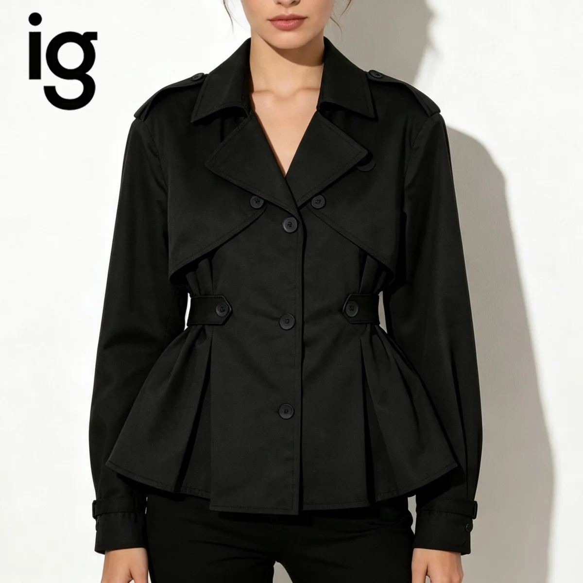 Women Short Trench Coat, Lapel Collar Epaulet Design Button‑Tied Waist Ruffle Hem Single Breasted Slim Fit Windbreaker Outerwear