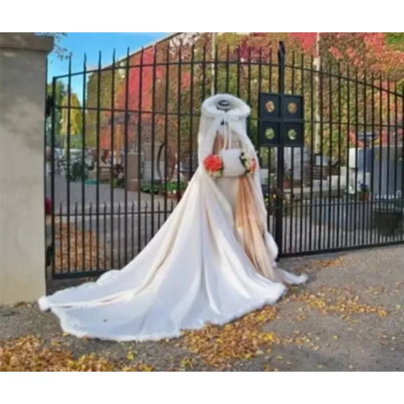 Satin winter Hooded  Faux Fur Bridal Cloak Jacket Wrap Coat Shawl  white cape  wedding accessory