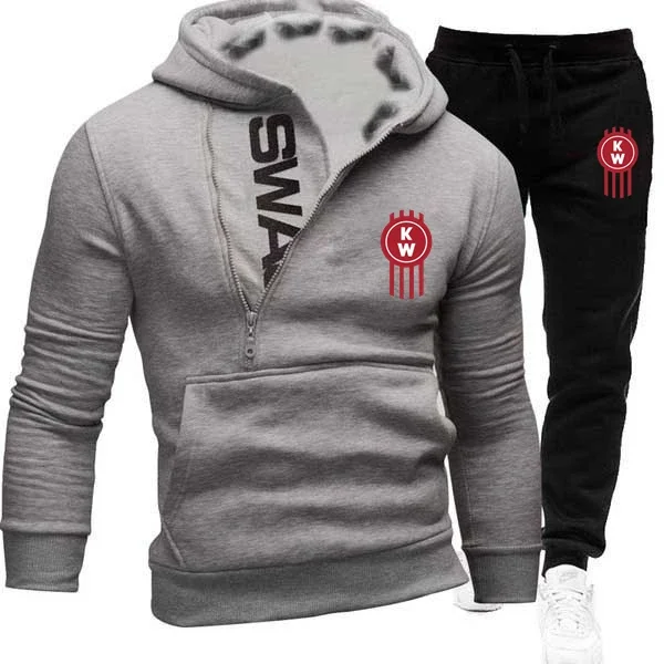 Selling New Kenworth Logo Print Custom Made Cotton Warm Men Zip Pullover Hoodie + Pants Pocket Casual Man Sportswear 2 Piece Set