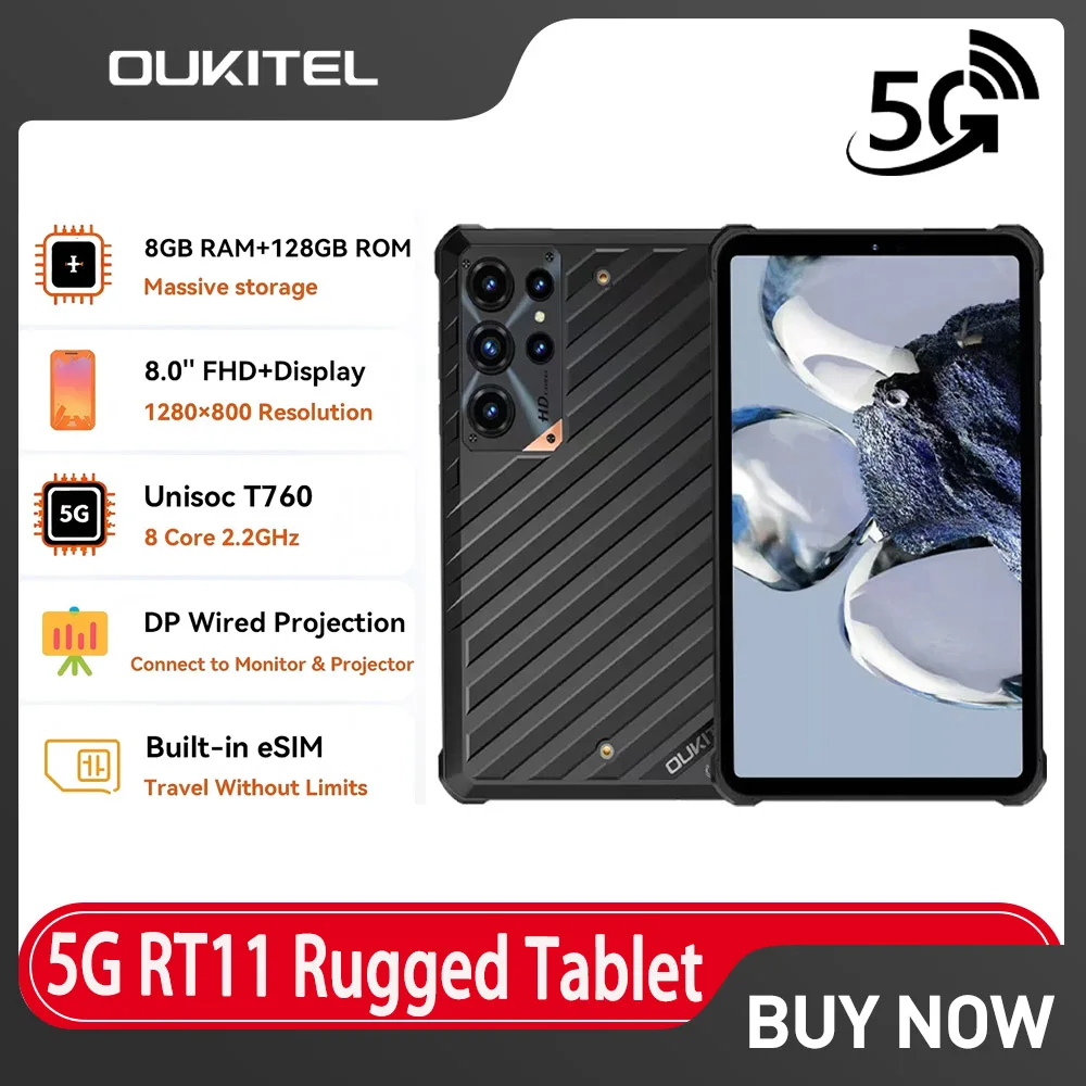 OUKITEL RT11 Rugged Tablet PC 8'' Android Tablet 5G ESIM Tablet IP68 IP69K Waterproof Shockproof 10000mAh Battery Nano+Nano/TF