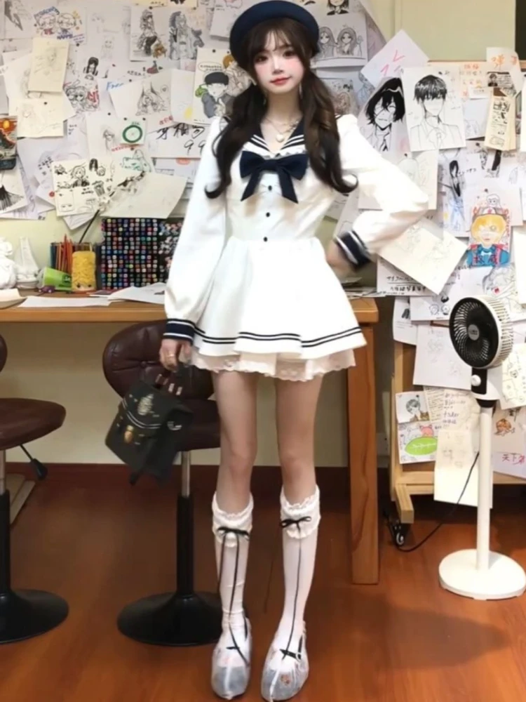 Neues College-Style Süßes Marine-Kragen-Kleid für Damen, Japanische Mode Kawaii Schlankes Flauschiges Kleid, Ästhetische Märchenhafte Niedliche Kleidung 2026