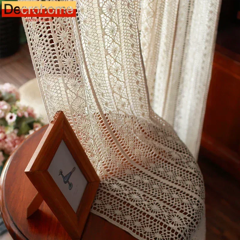 Modern and Simple American Country Hollow Balcony Terrace Villa Customization Tulle Curtains for Living Dining Room Bedroom