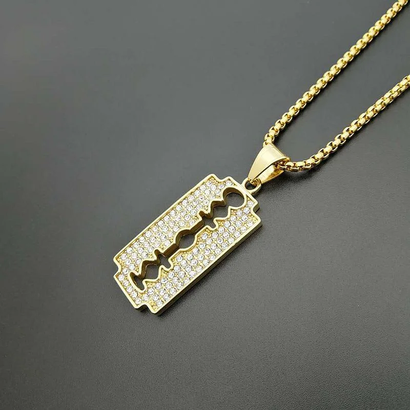 Trendy Titanium Steel Gold Plated Rhinestones Blade Pendant Necklace Creative Personality Men\'s Hip Hop Fashion Jewelry