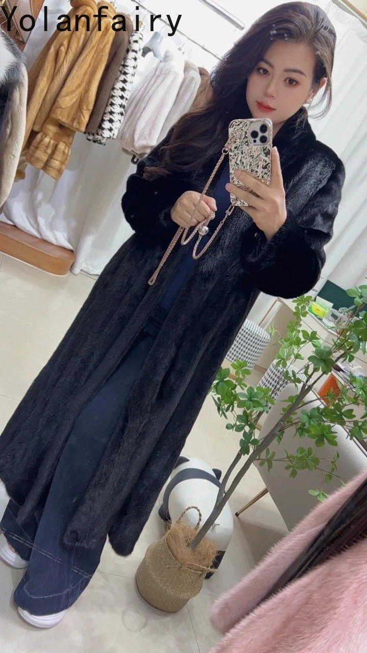 YOLANFAIRY Real Mink Fur Coat Woman Luxury 2025 Winter V-neck Natural Whole Mink Fur Jacket Long Black Fur Coats Outerwears
