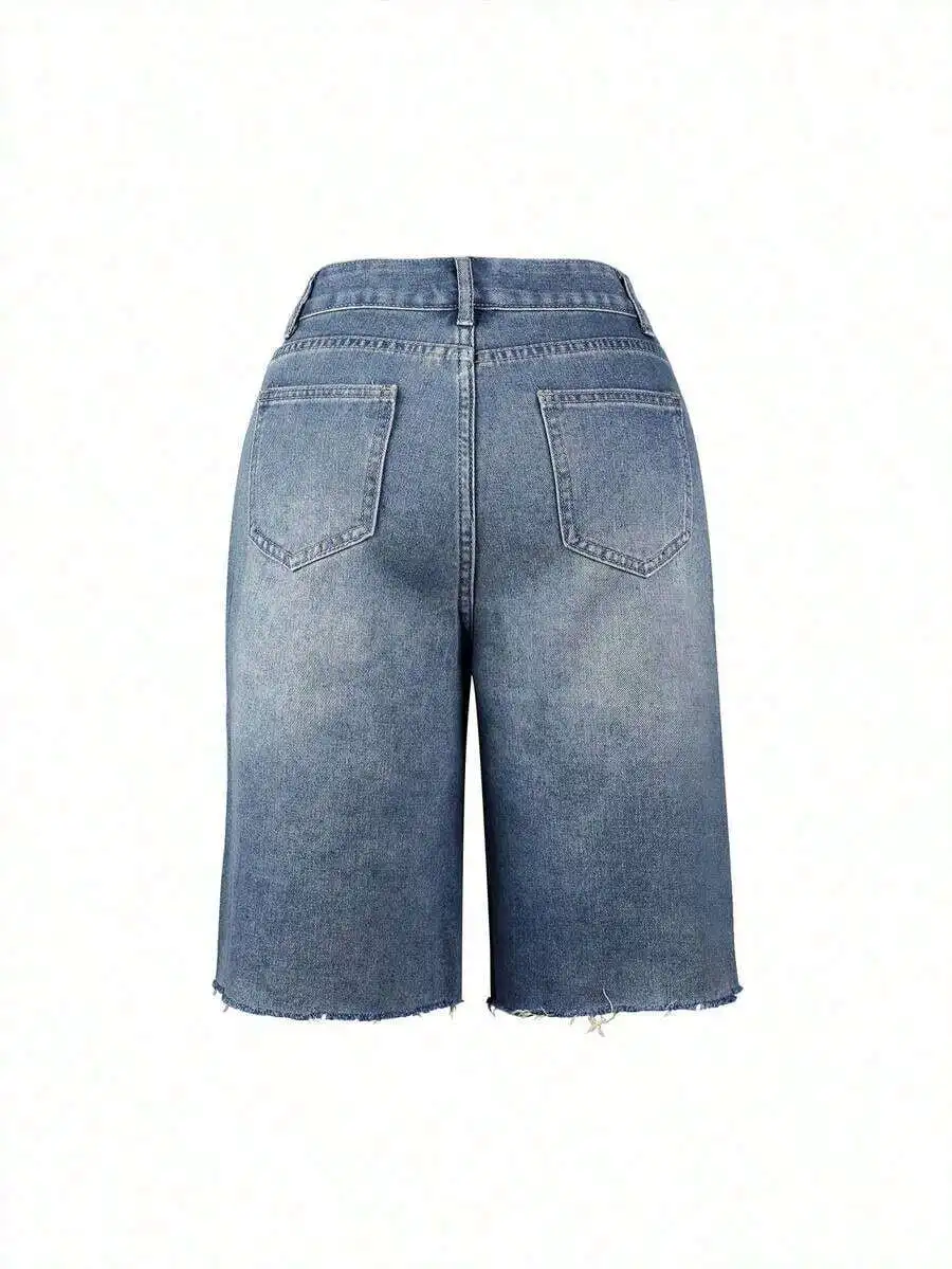 

Vintage Distressed Wide Leg Bermuda Denim Shorts With Raw Hem And Side Pockets