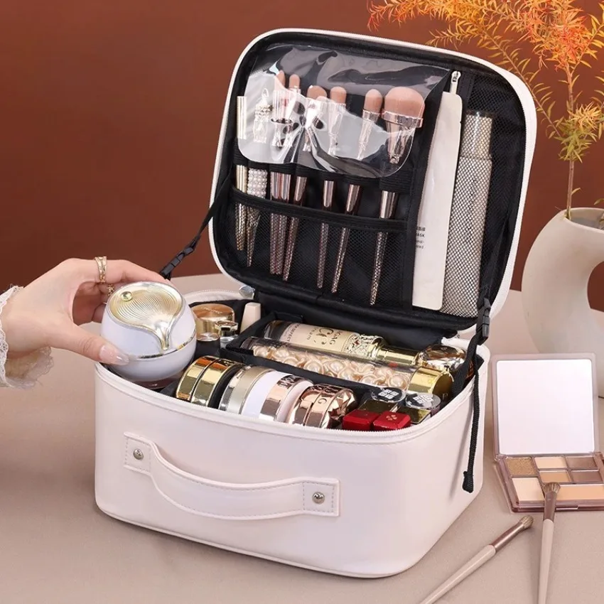 Large Capacity Makeup Bag for Women, Travel Cosmetic Organizer with Suitcase Handle Sleeve, Waterproof Toiletry Pouch for Ladies