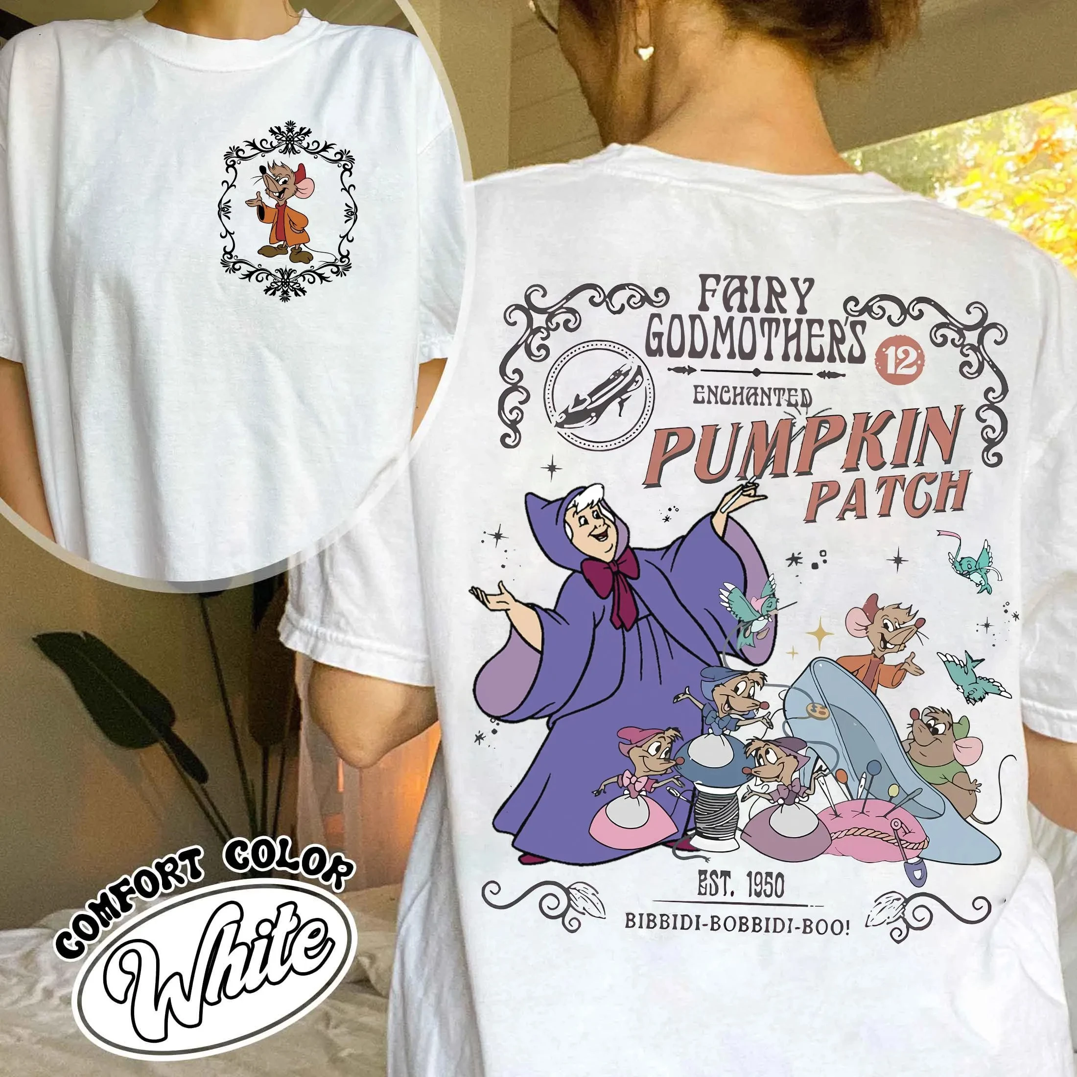 

Disney 2026 New Cinderella Magic Pumpkin Patch Fairy Godmother Print Fashion Women's T-Shirt Short Sleeve Loose Plus Size Top