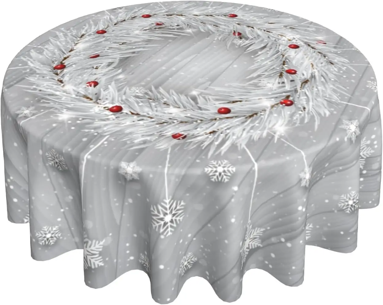 Silver Snowflakes Round Tablecloth 60Inch Christmas Winter Snow Table Cover with Xmas Tree Leaves Berry Table Cloth
