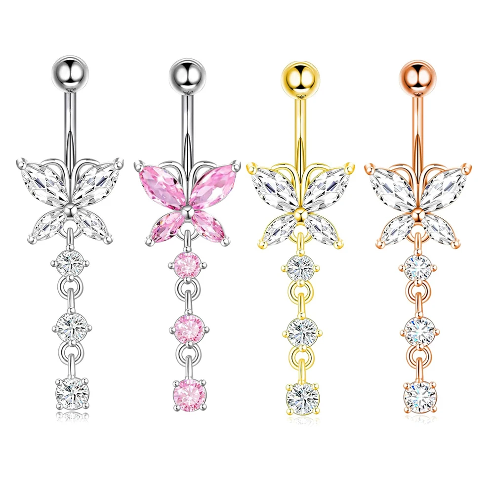 Wholesales 14 Gauges Belly Button Ring Dangling Navel Piercing jewelry Butterfly Dangling Belly Bar Stainless Steel Belly Button