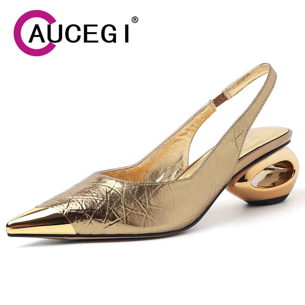Aucegi Women Genuine Leather Sexy Metal Pointed Toe Slingback Pumps Special-Shaped Heel Office Dress Fashion Versatile Shoes