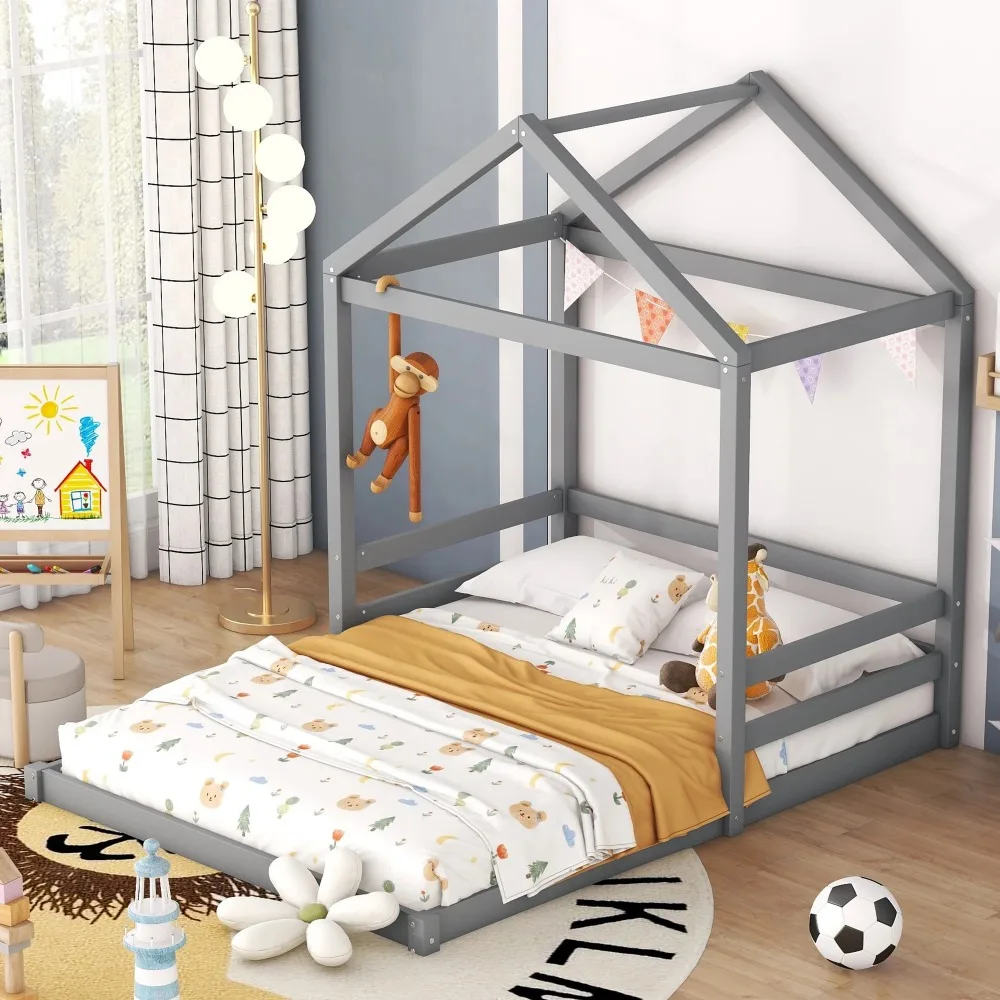 

Wood Full Size House Bed with Roof, Floor Platform Bed with Guardrails for Kids Bedroom, Gray Multifunction Children Beds