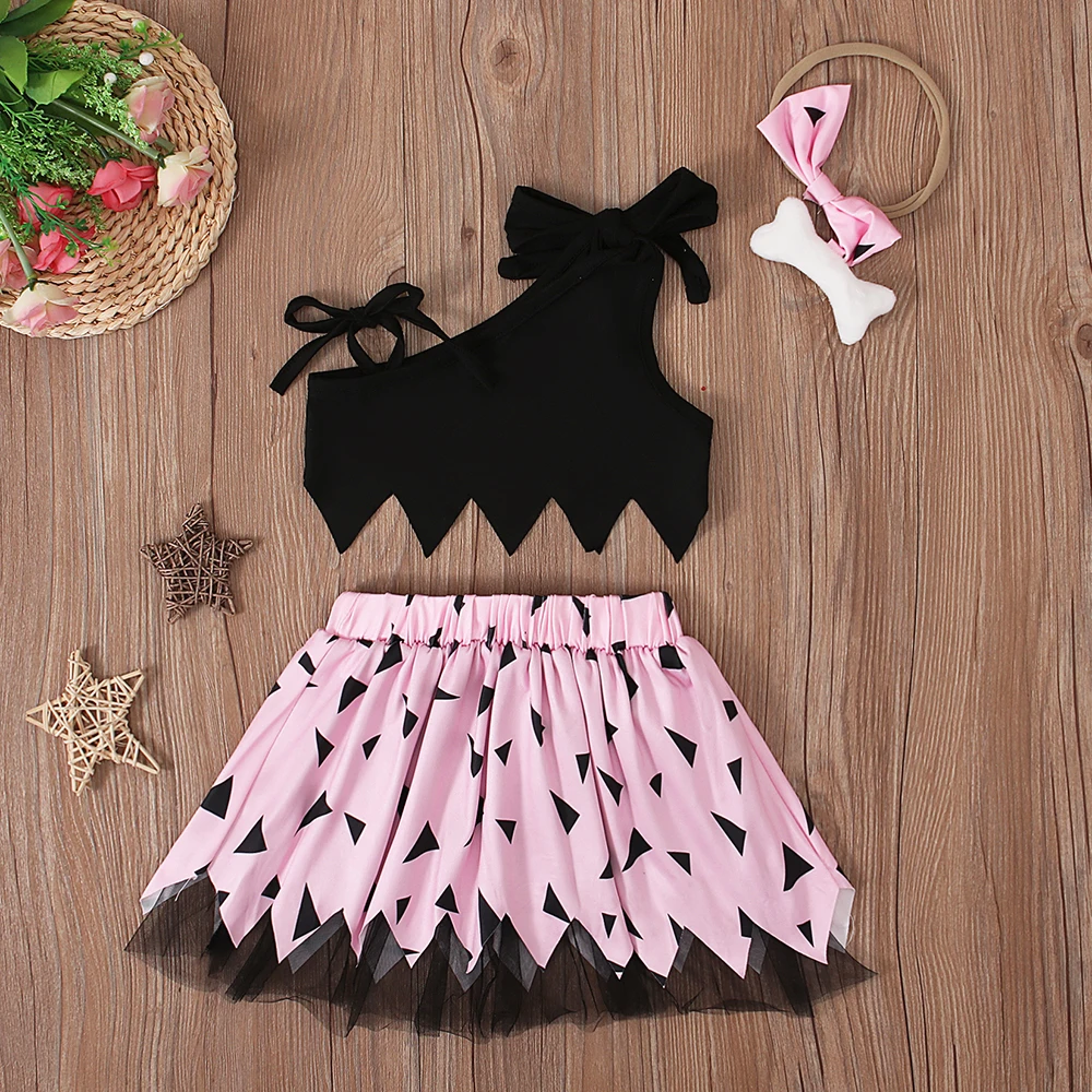 Girls European and American summer Halloween sleeveless solid color off-shoulder top + mesh skirt + hairband three-piece childre