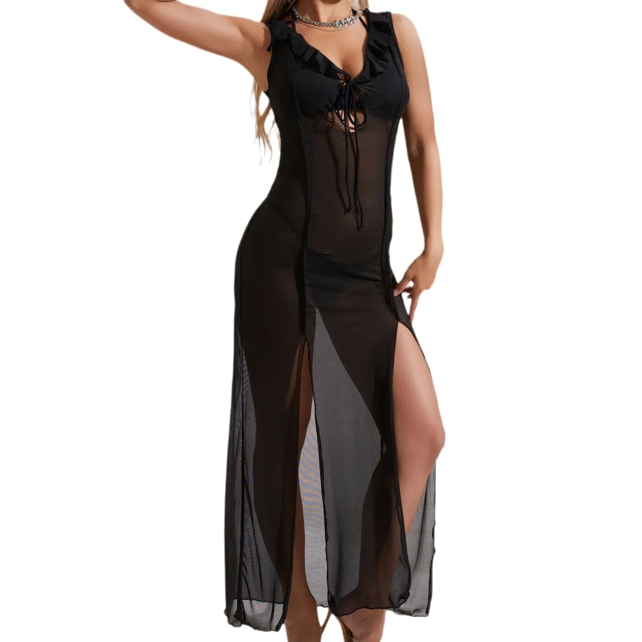 Ensemble maillot de bain 3 pièces pour femmes, noir, sexy, string, bikini avec couverture, longue robe à volants, plage, rouge, monokini, nouvelle collection