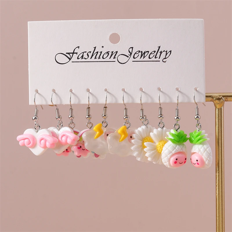 5Pairs/Set Fashion Flower Drop Earrings for Women Resin Heart Animal Dangle Hooks Earrings Girls Party Holiday Jewelry Gifts