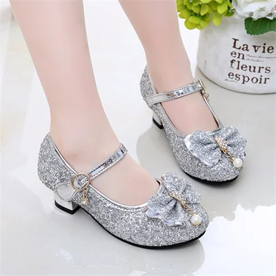 Girls shiny pearl bow non-slip round toe casual shoes, kids 2024 summer sweet PU single shoes size:26-36