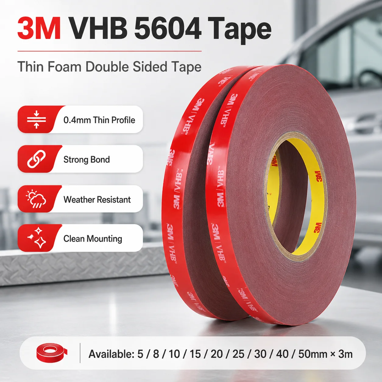 3M VHB 5604 Doppelseitiges Acrylschaumstoffband, stark haftender Montagekleber für Automobilverkleidungen, Metall, Glas und Kunststoffteile, 0,4 mm x 3