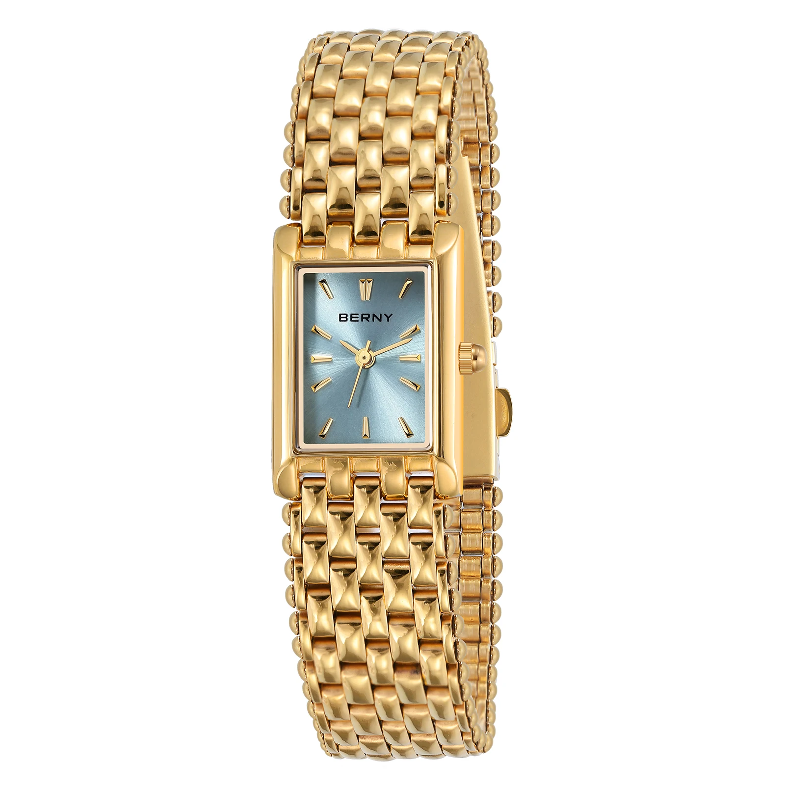 BERNY Golduhr für Damen, quadratisches zitronenblaues Zifferblatt, modische, lässige Damenuhr, Edelstahl, luxuriöse Quarz-Armbanduhr für Damen