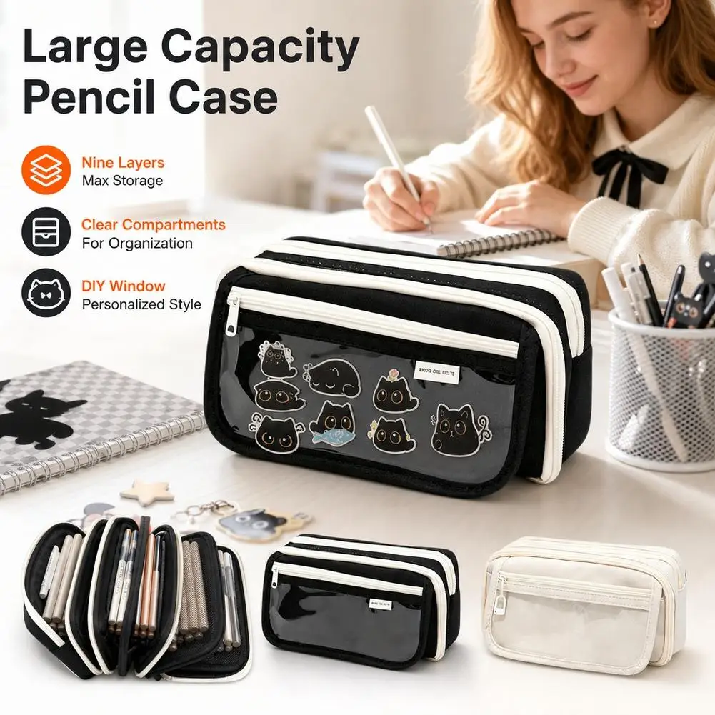 9-layer Large Capacity Black Cat Pencil Case with Transparent Compartment  Clip Pendant Stickers Durable Oxford Fabric Organizer