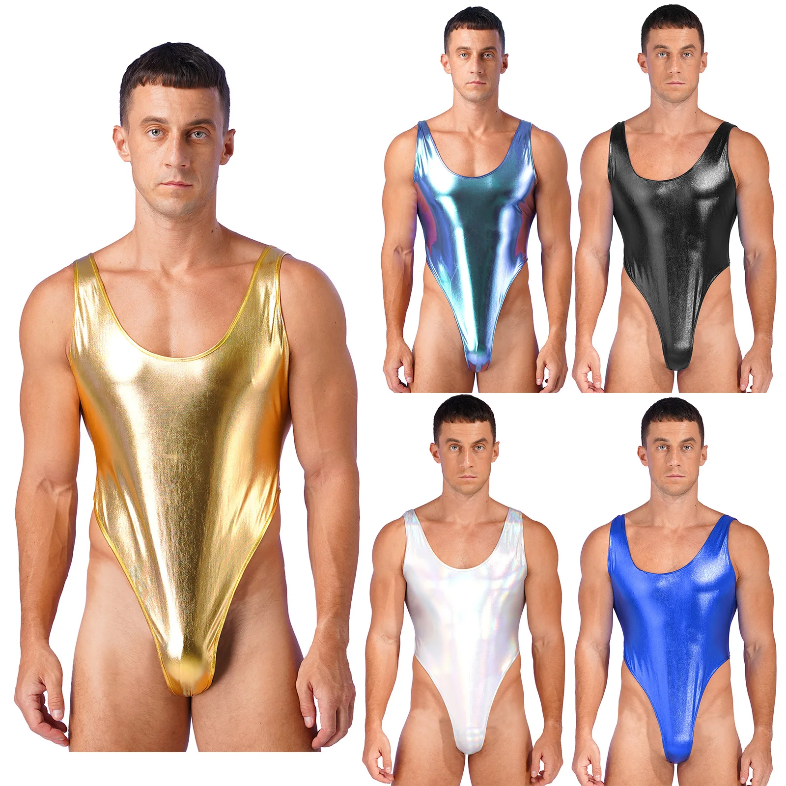 Mens Glossy Bodysuit Fashion One-piece Swimsuit Sleeveless High Cut Wetlook Faux Leather Stretch Leotard Unitard Bathing Suit