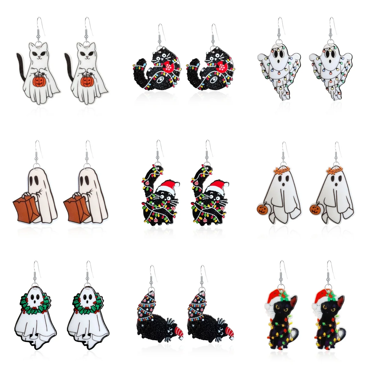 1Pair Acrylic Cute Cartoon Ghost Black Cat Pumpkin Bat Earrings for Women Halloween Christmas Theme Fashion Jewelry Accessory