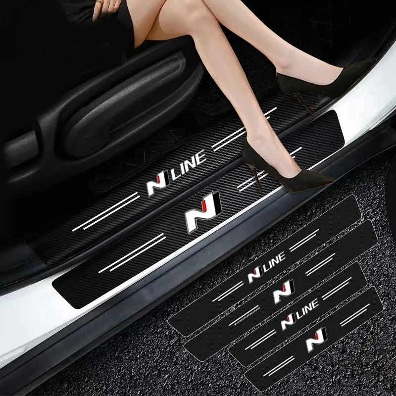 Calcomanías protectoras de umbral de puerta de coche de fibra de carbono antiarañazos para Hyundai N LINE i30 i20 Accent Tucson Elantra