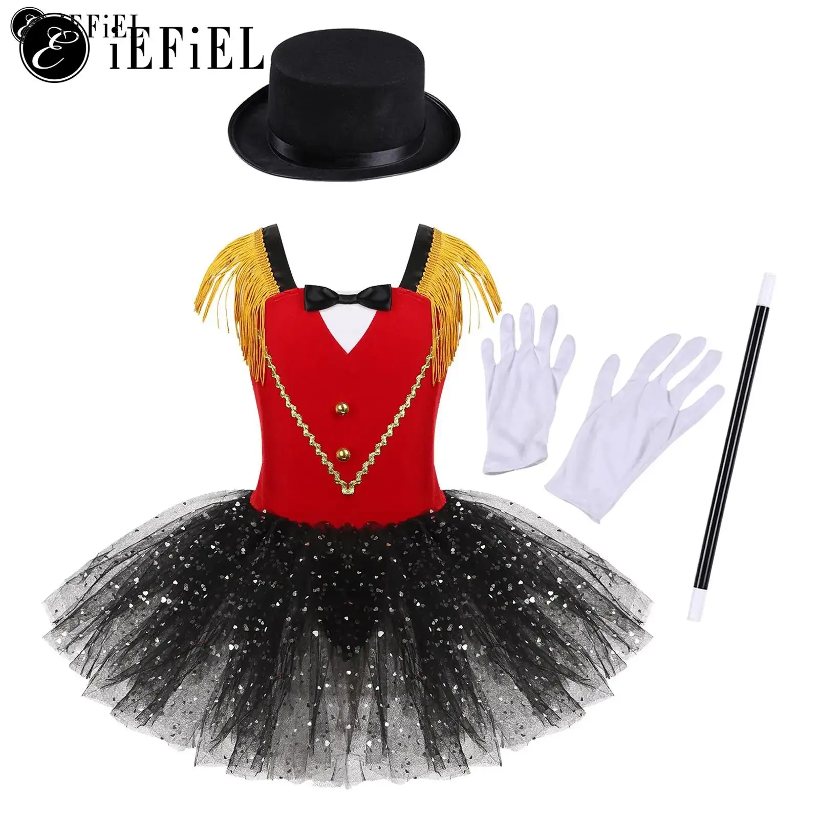 Girls Jr.Magician Cosplay Costume Circus Showman Tassel Tuxedo Tutu Dance Dress with Magic Accessories School Stage Performance