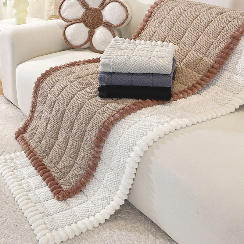 Diagonal Grid Edging Fixed Anti Slip Sofa Cushion French Solid Four Season Universal Sofa Cover Thick Soft Home Protective Cover