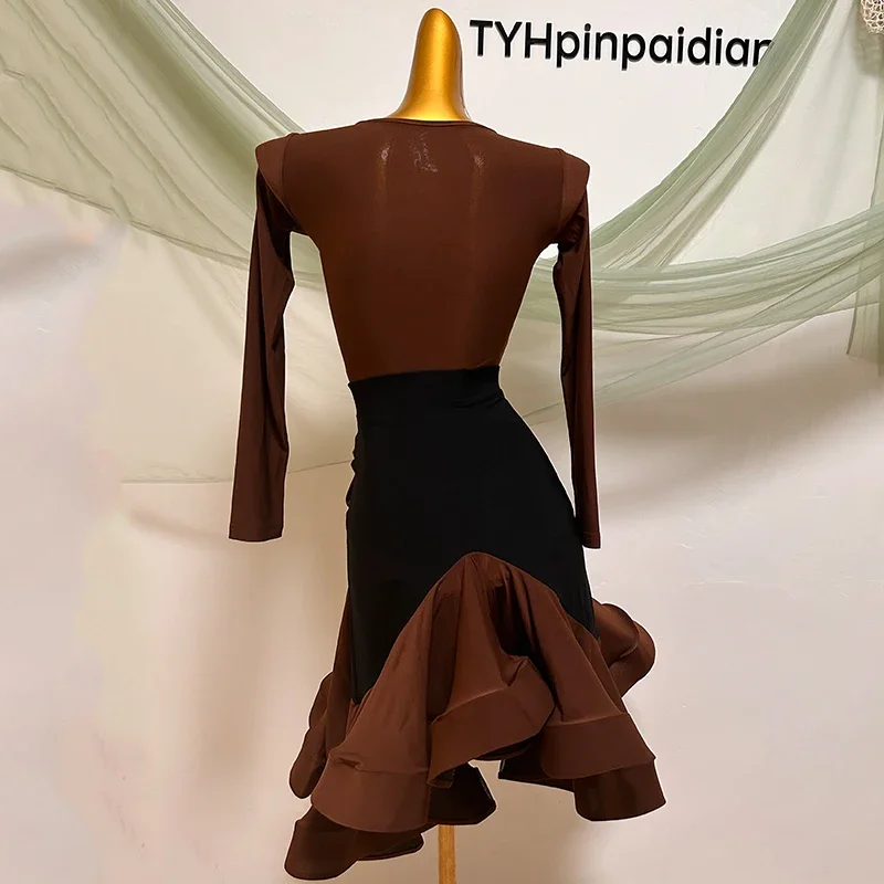 Latin Dance Clothes Women Long Sleeves Brown Tops Fishbone Skirt Adult Practice Wear Rumba Samba Ballroom Dance Dress DNV19014