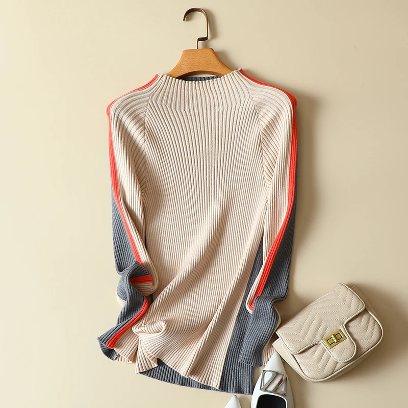 Side Striped Knitted Pullovers for Women, Elastic Sweaters for Office Lady, All Match Buttock Tops