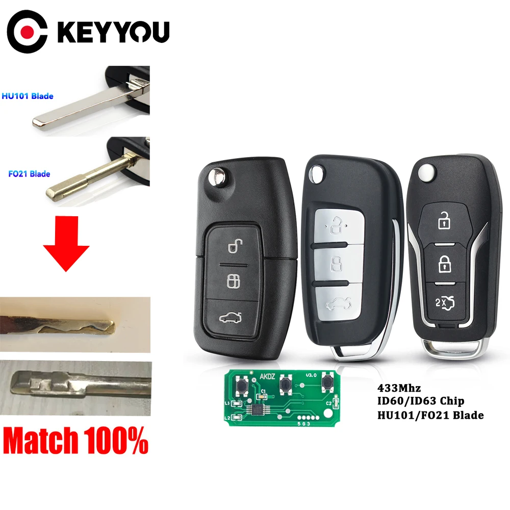 

With Cutting Service 433Mhz ID60/63 Chip Car Remote Key For Ford Fusion Focus Mondeo Fiesta Galaxy HU101/FO21 Blade Vehicle Key