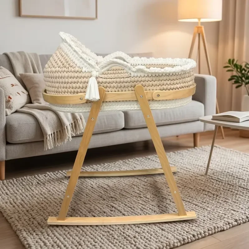 Foldable Wooden Cradle Holder Baby Crocheted Moses Basket Hand Knitted Cotton Baby Portable Newborn Cradle Crib