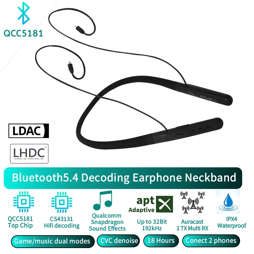 Audiophiles Grade Wireless Neckband Earphones Bluetooth 5.4 QCC.5181 LHDC LDAC HiFi Decoding CS43131 0.78mm&MMCX Auracast 1toNst