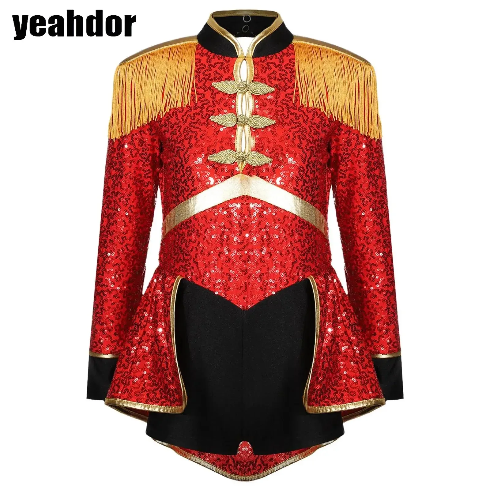 

Girls Ringmaster Circus Costume Halloween Cosplay Lion Tamer Long Sleeve Fringe Epaulet Sequin Jumpsuit Magician Drummer Bodysui
