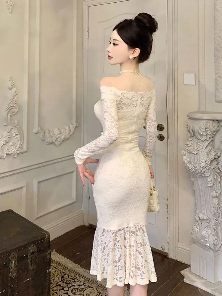 Elegant One-shoulder Lace Dress for Ladies Popular Birthday Dress for Women Hip-covering Fishtail Long Dress