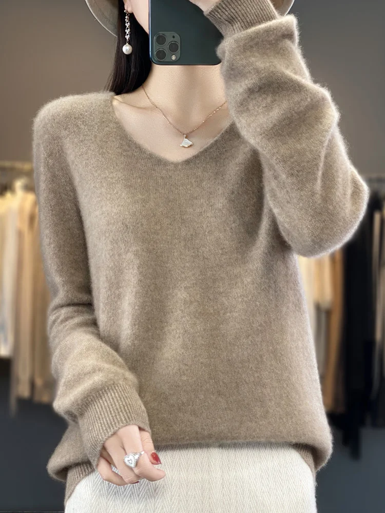 Suéter de lana merina con cuello en V para mujer, jersey básico de Cachemira de manga larga, Tops de otoño e invierno, 2024, novedad de 100%